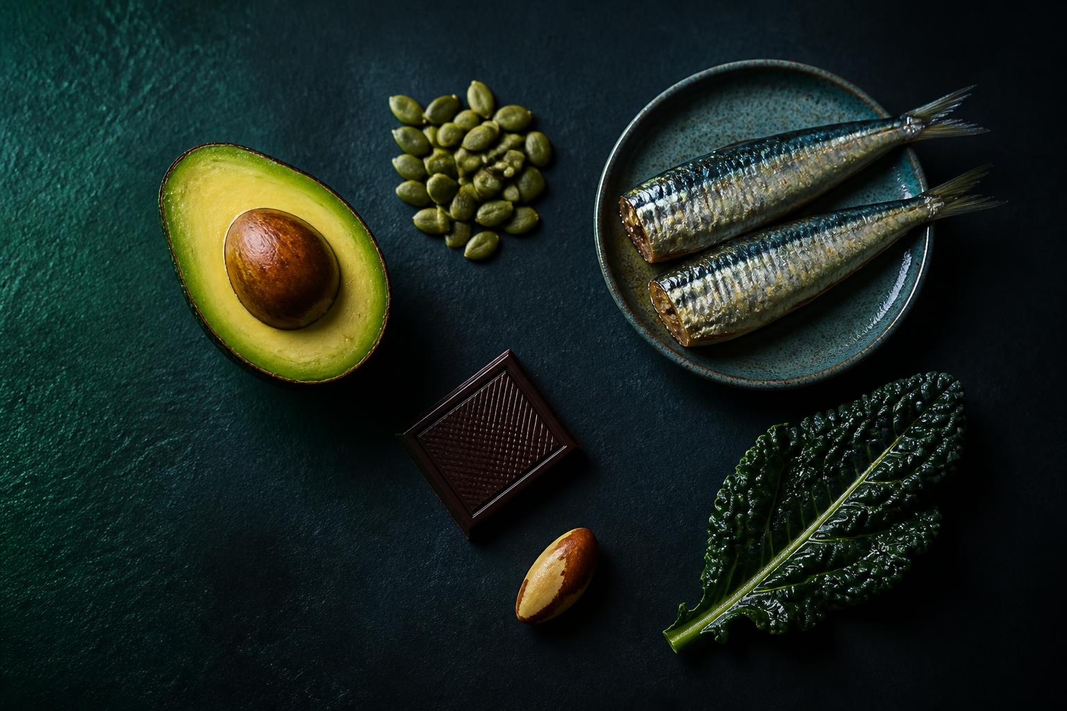 Overhead flat-lay of nutrient-dense whole foods on a dark slate surface: halved avocado, pumpkin seeds, two sardines on a small plate, a square of dark chocolate, a brazil nut, and a kale leaf.