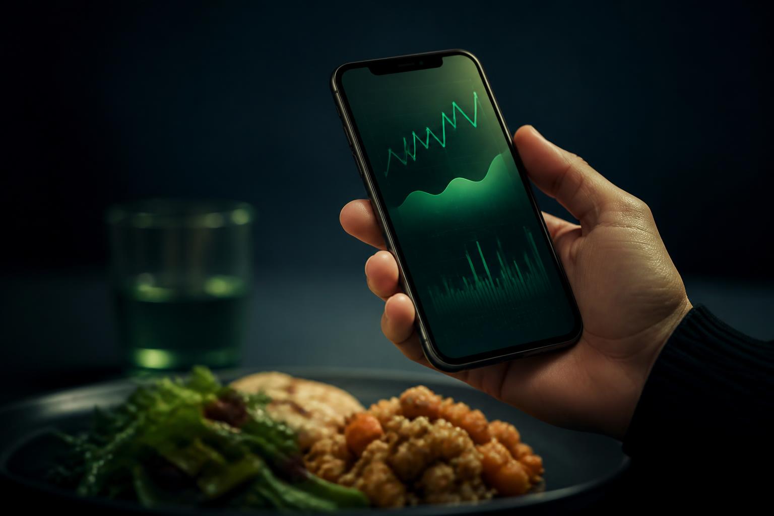 Close-up of a hand holding a phone with a faint emerald nutrition graph on screen, a plate of food softly out of focus in the foreground.