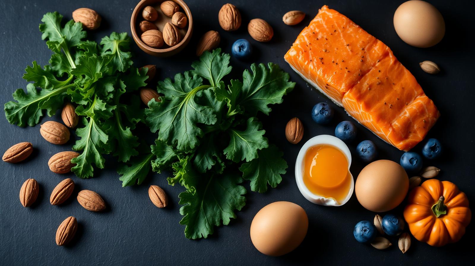 Whole foods rich in essential micronutrients: leafy greens, salmon, eggs, nuts, seeds and blueberries on a dark surface