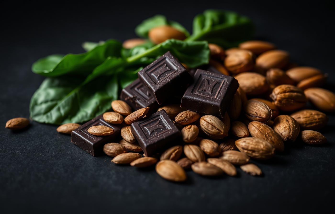 Foods rich in magnesium: almonds, dark chocolate squares, fresh spinach leaves on a dark surface